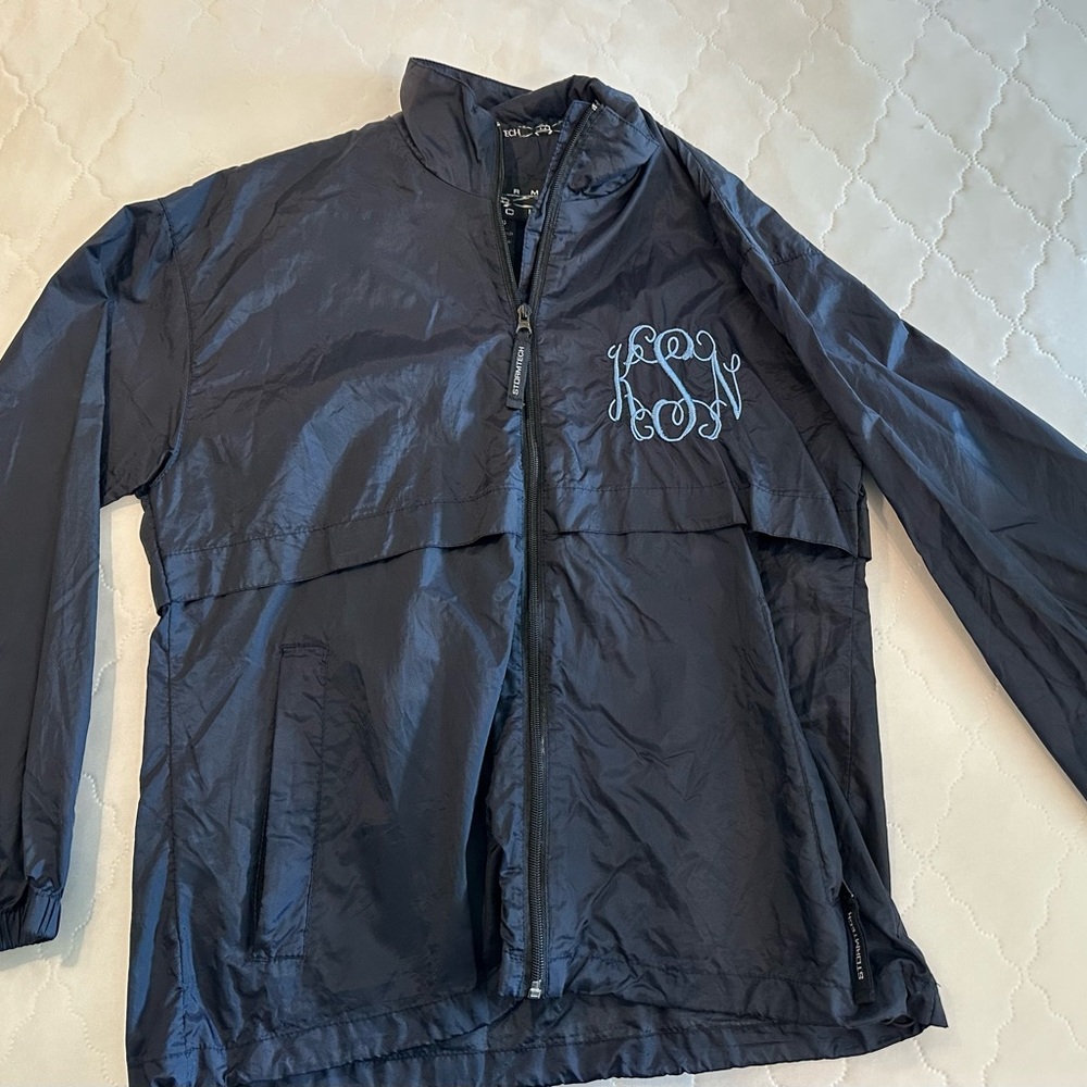 Navy Windbreaker Jacket with Light Blue Monogram